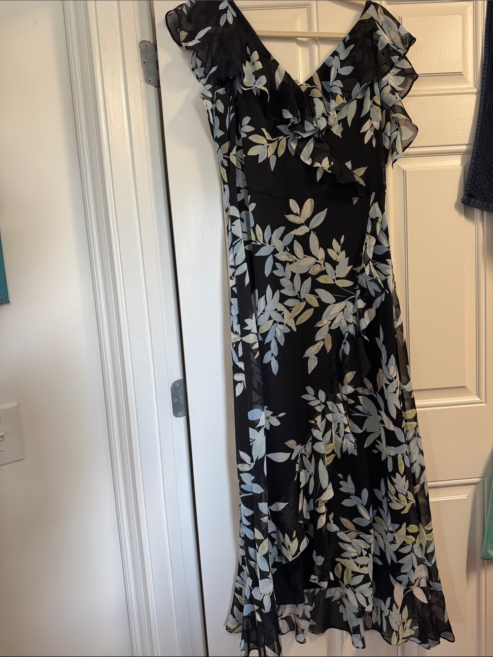 London Times Black Maxi Dress with Blue-Gray and Cream Leaf Print